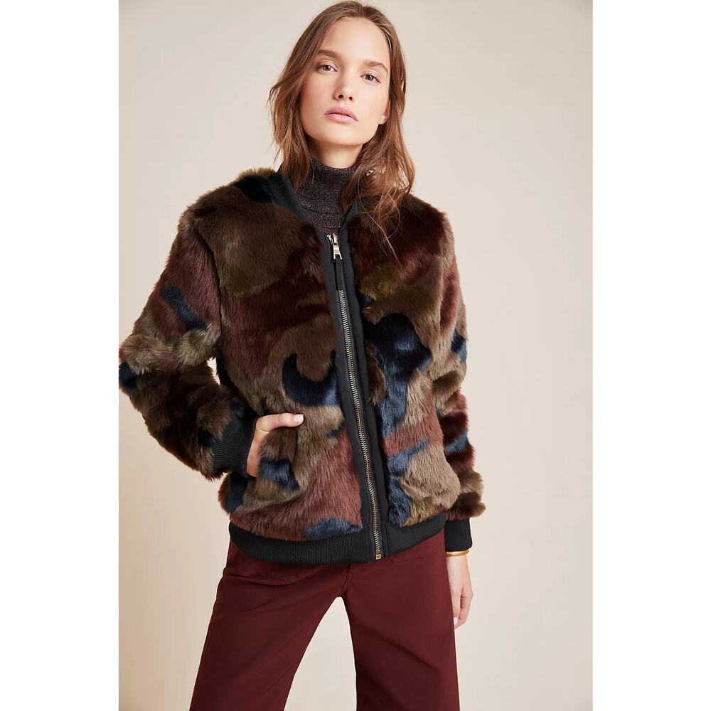 Marrakech SzXS Camo Faux Fur Zip Up Brown Black Long Sleeve Winter Bomber Jacket